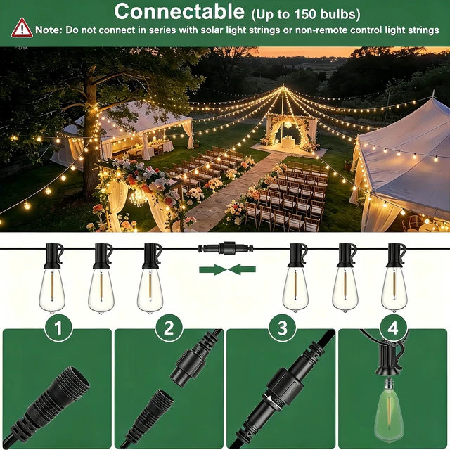 Alt view image 7 of 7 - Outdoor String Lights 150FT 75+3 LED, Waterproof Dimmable Patio Lights Remote Control, Shatterproof Edison ST38 Bulbs, Timer, Plug-In, Warm White Hanging Light for Garden Yard Porch Deck Decor