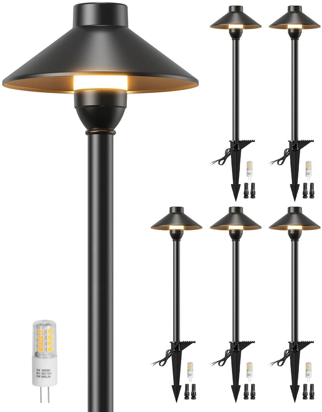 Main image of Low Voltage Landscape Lighting 6-Pack, Aluminum 12V Pathway Lights with G4 Bulbs, Waterproof Stylish Matte Black Color Wired Path Lights with Connectors for Walkway Yard Garden