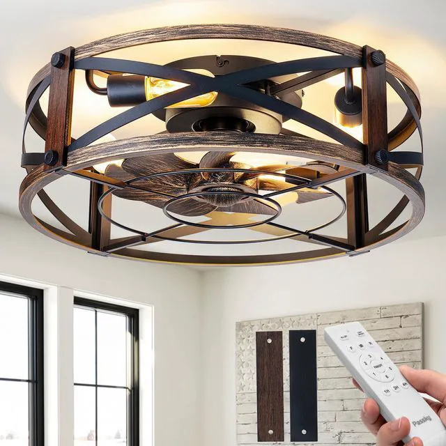 Main image of 20" Caged Ceiling Fans with Lights and Remote, Low Profile Fandelier Reversible DC Motor, 1/2/4H Timer, 6 Speeds, Farmhouse Style, Quiet Operation, for Bedroom, Kitchen, Dining Room, Living Room