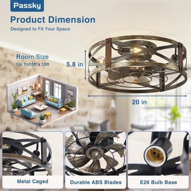 Alt view image 4 of 7 - 20" Caged Ceiling Fans with Lights and Remote, Low Profile Fandelier Reversible DC Motor, 1/2/4H Timer, 6 Speeds, Farmhouse Style, Quiet Operation, for Bedroom, Kitchen, Dining Room, Living Room