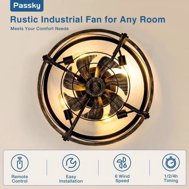 Alt view image 3 of 7 - 20" Caged Ceiling Fans with Lights and Remote, Low Profile Fandelier Reversible DC Motor, 1/2/4H Timer, 6 Speeds, Farmhouse Style, Quiet Operation, for Bedroom, Kitchen, Dining Room, Living Room