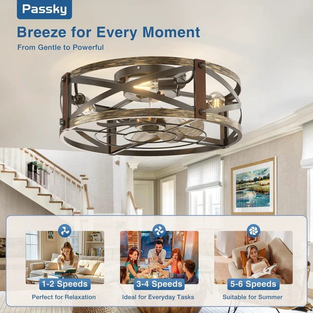 Alt view image 5 of 7 - 20" Caged Ceiling Fans with Lights and Remote, Low Profile Fandelier Reversible DC Motor, 1/2/4H Timer, 6 Speeds, Farmhouse Style, Quiet Operation, for Bedroom, Kitchen, Dining Room, Living Room