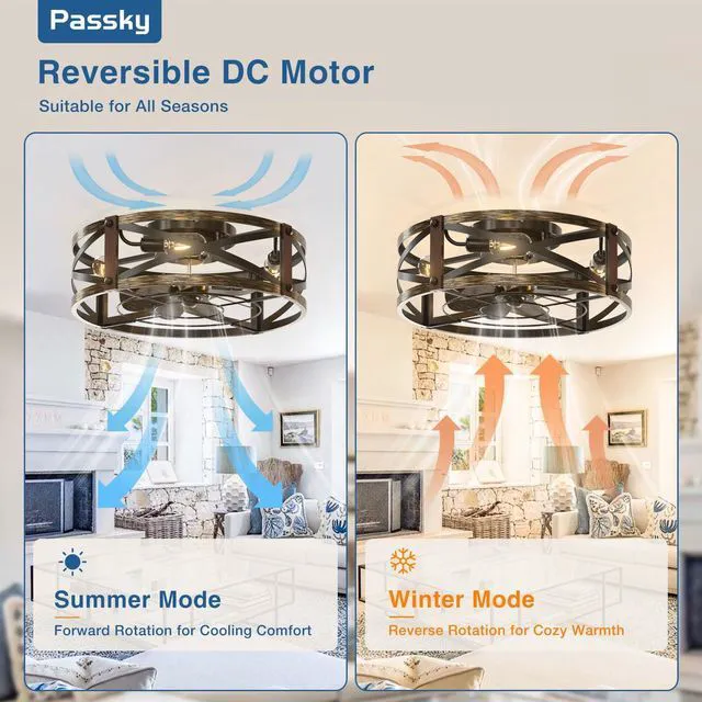 Alt view image 7 of 7 - 20" Caged Ceiling Fans with Lights and Remote, Low Profile Fandelier Reversible DC Motor, 1/2/4H Timer, 6 Speeds, Farmhouse Style, Quiet Operation, for Bedroom, Kitchen, Dining Room, Living Room