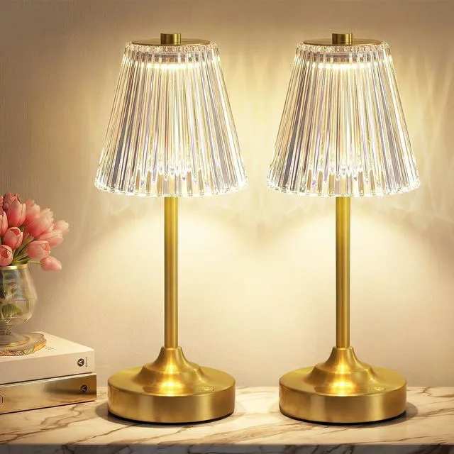 Main image of Gold Cordless Rechargeable Table Lamp, Touch Battery Powered Lamp, 3 Color Modes, Crystal Acrylic Lampshade, Portable Ambient Night Light for Desk, Bedroom, Dining Room, Kitchen, Bar (2 Pack)
