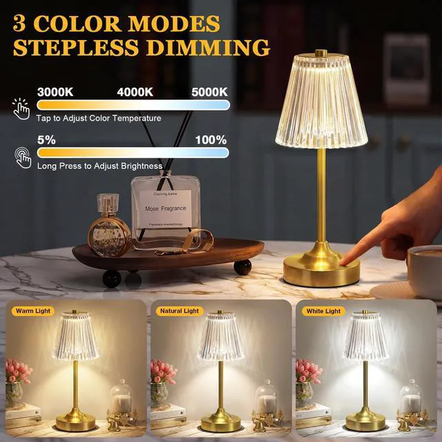 Alt view image 2 of 7 - Gold Cordless Rechargeable Table Lamp, Touch Battery Powered Lamp, 3 Color Modes, Crystal Acrylic Lampshade, Portable Ambient Night Light for Desk, Bedroom, Dining Room, Kitchen, Bar (2 Pack)