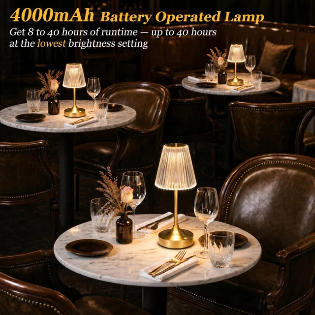 Alt view image 4 of 7 - Gold Cordless Rechargeable Table Lamp, Touch Battery Powered Lamp, 3 Color Modes, Crystal Acrylic Lampshade, Portable Ambient Night Light for Desk, Bedroom, Dining Room, Kitchen, Bar (2 Pack)