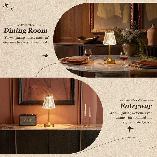 Alt view image 7 of 7 - Gold Cordless Rechargeable Table Lamp, Touch Battery Powered Lamp, 3 Color Modes, Crystal Acrylic Lampshade, Portable Ambient Night Light for Desk, Bedroom, Dining Room, Kitchen, Bar (2 Pack)