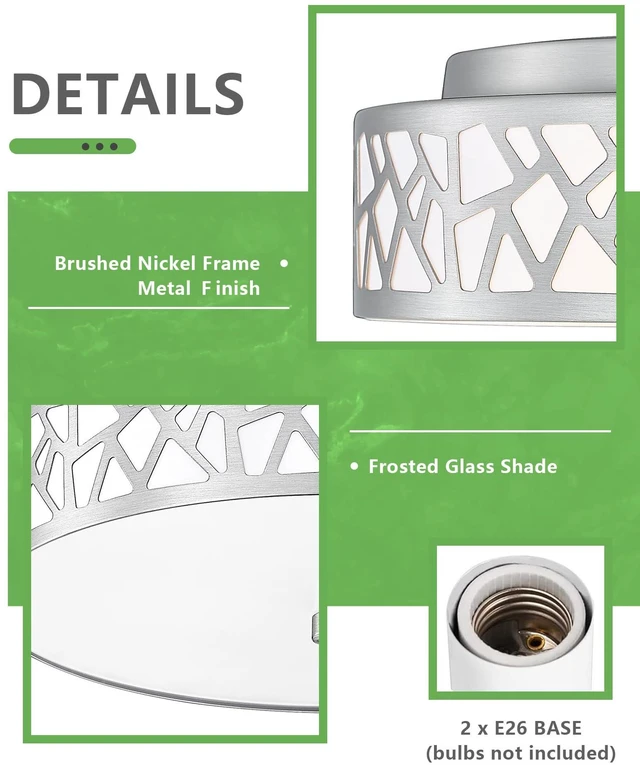 Alt view image 7 of 7 - 2-Light Flush Mount Ceiling Light,12 inch Modern Close to Ceiling Light Fixture with Brushed Nickel Metal and Frosted Glass Shade for Hallway, Kitchen, Bedroom(2 PK)