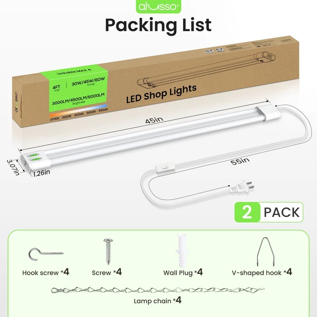 Alt view image 7 of 7 - ® 4FT Linkable LED Shop Lights, 6000LM 30W/45W/60W, 5CCT 2700K/3000K/4000K/5000K/6500K, 120V Integrated Fixture for Garage, Hanging or Surface Mount, 2 Pack