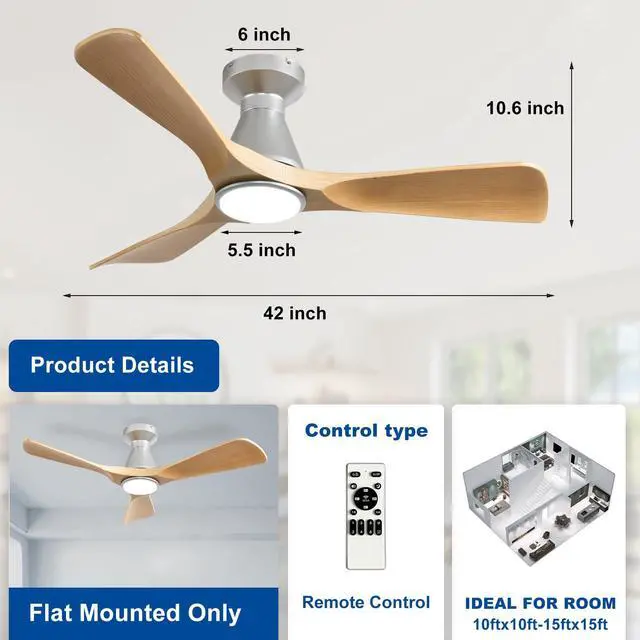 Alt view image 5 of 7 - 42-Inch Ceiling Fans with Lights: Wood 3 Blade Flush Mount Low Profile Ceiling Fan for Bedroom - Dimmable Indoor Outdoor Fan with Remote Control Ultra Quiet DC Motor Timer