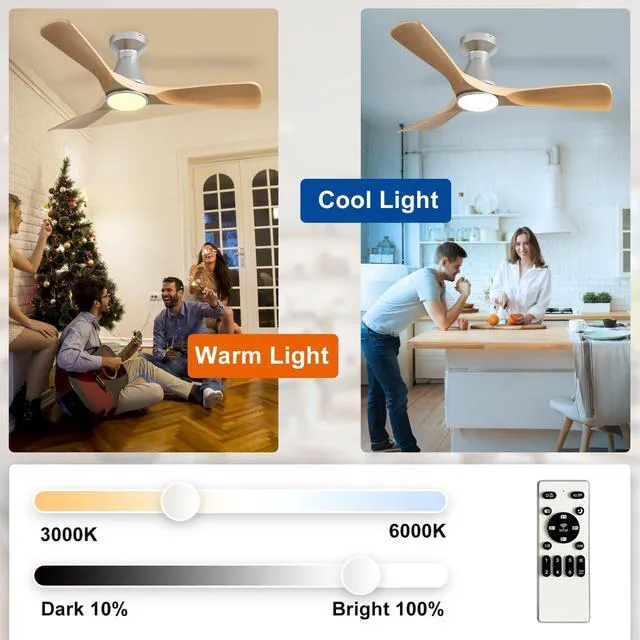 Alt view image 7 of 7 - 42-Inch Ceiling Fans with Lights: Wood 3 Blade Flush Mount Low Profile Ceiling Fan for Bedroom - Dimmable Indoor Outdoor Fan with Remote Control Ultra Quiet DC Motor Timer