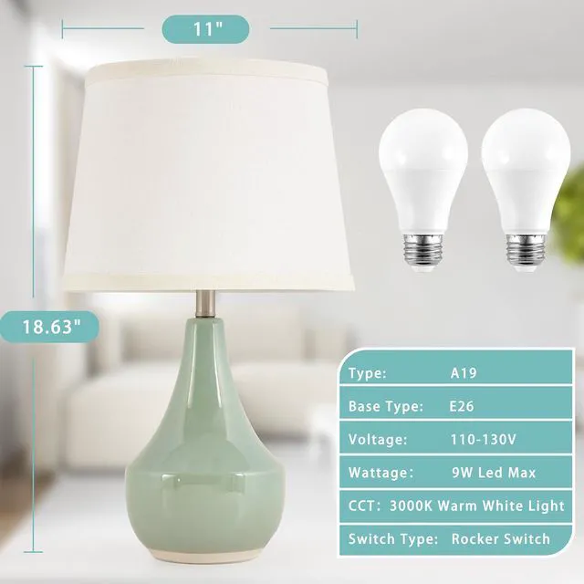 Alt view image 2 of 7 - 18" Table Lamp Set of 2, Ceramic Table Lamp Classic Beside Lamps Nightstand Lamp Modern Lamp for Living Room, Bedroom & Office Rocker Switch Sage Green-LED Bulbs Included