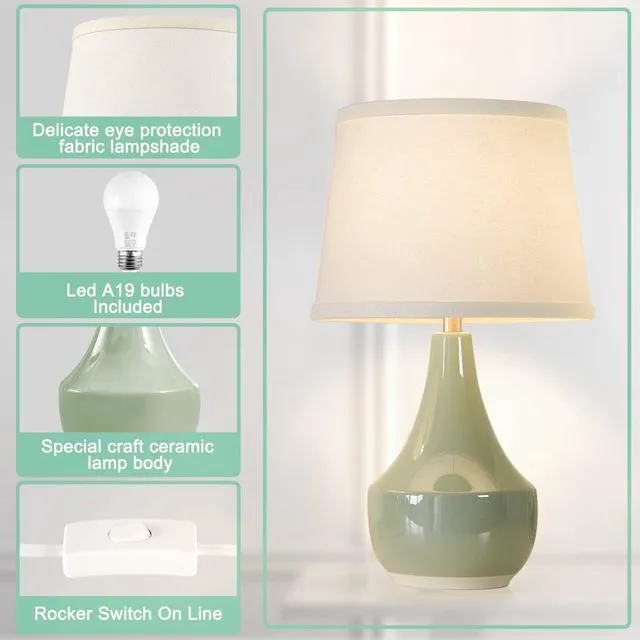 Alt view image 7 of 7 - 18" Table Lamp Set of 2, Ceramic Table Lamp Classic Beside Lamps Nightstand Lamp Modern Lamp for Living Room, Bedroom & Office Rocker Switch Sage Green-LED Bulbs Included