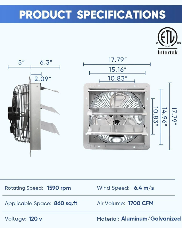 Alt view image 3 of 7 - 14 Inch Shutter Exhaust Fan, High Speed 1520CFM, Wall Mounted with 1.65m Power Cord, for Garages, Attics, Greenhouses, Sheds, and Shops