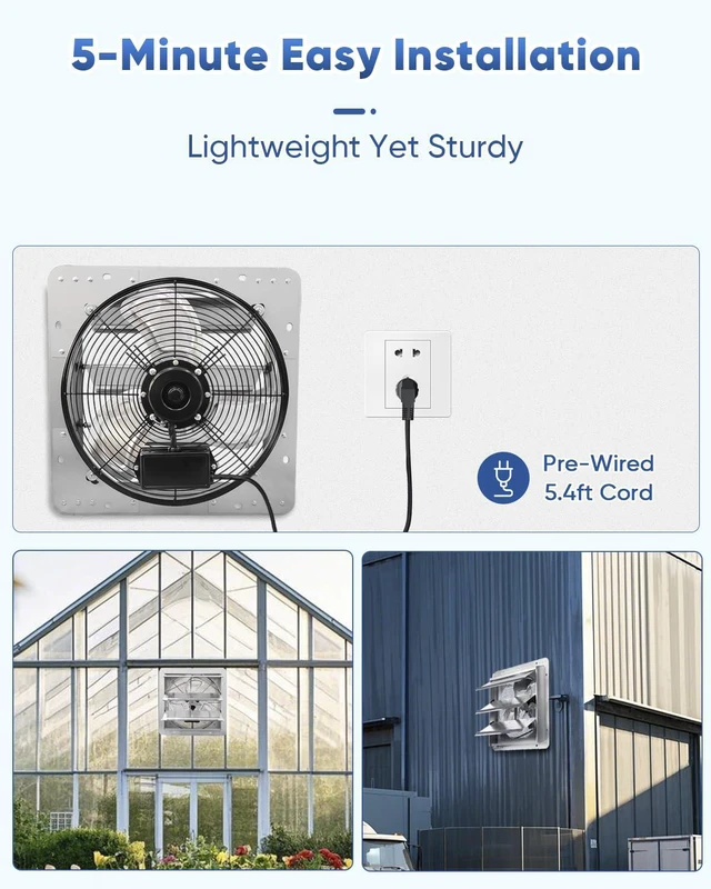 Alt view image 4 of 7 - 14 Inch Shutter Exhaust Fan, High Speed 1520CFM, Wall Mounted with 1.65m Power Cord, for Garages, Attics, Greenhouses, Sheds, and Shops