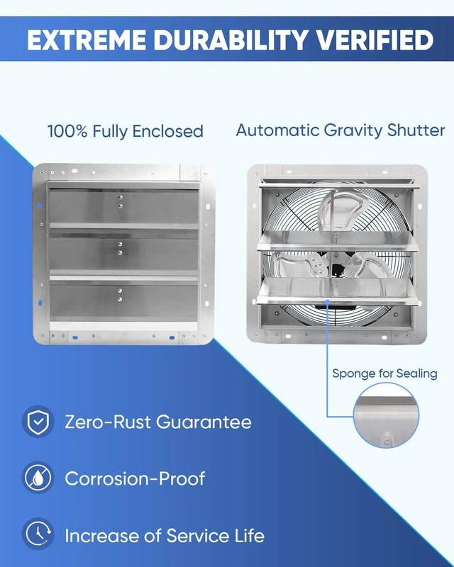 Alt view image 5 of 7 - 14 Inch Shutter Exhaust Fan, High Speed 1520CFM, Wall Mounted with 1.65m Power Cord, for Garages, Attics, Greenhouses, Sheds, and Shops