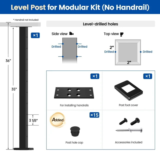 Alt view image 2 of 7 - 36in Modular Cable Railing Post Surface Mount Level Drilled RW40 Matches with Modular Level Kit (No Handrail), Post Hole Cap Included, Black Cable Railing System, T304 Stainless Steel