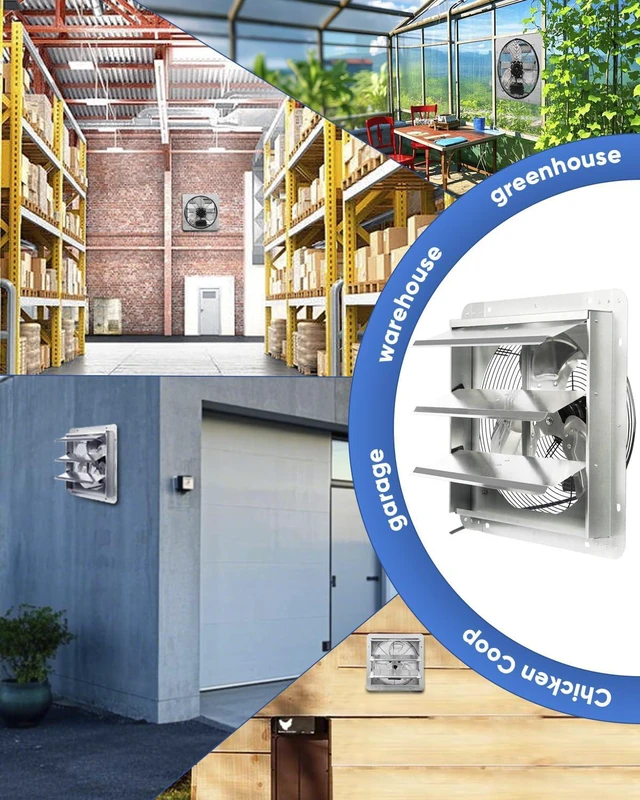 Alt view image 7 of 7 - 14 Inch Shutter Exhaust Fan, High Speed 1520CFM, Wall Mounted with 1.65m Power Cord, for Garages, Attics, Greenhouses, Sheds, and Shops