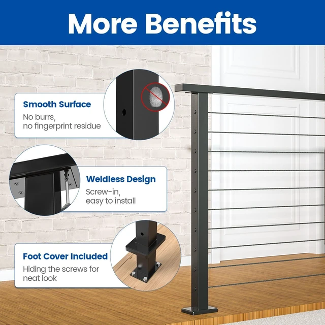 Alt view image 5 of 7 - 36in Modular Cable Railing Post Surface Mount Level Drilled RW40 Matches with Modular Level Kit (No Handrail), Post Hole Cap Included, Black Cable Railing System, T304 Stainless Steel
