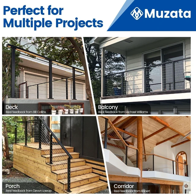Alt view image 7 of 7 - 36in Modular Cable Railing Post Surface Mount Level Drilled RW40 Matches with Modular Level Kit (No Handrail), Post Hole Cap Included, Black Cable Railing System, T304 Stainless Steel
