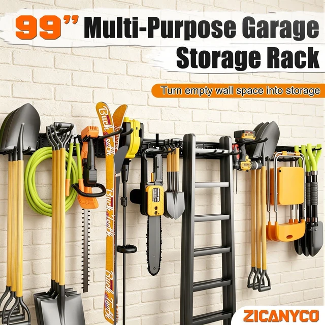 Alt view image 2 of 6 - Garage Tool Organizer Wall Mount 99 inches with 18 Adjustable Heavy-Duty Hooks, Garage Organization, Garden Tool Storage Rack for Garage, Yard, and Shed, Holds Up to 750 lbs