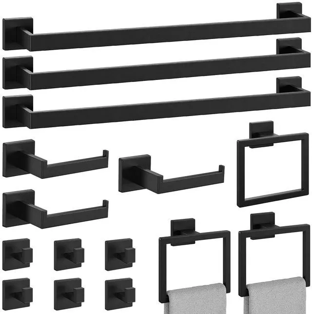 Main image of 15-Pieces Matte Black Bathroom Accessories, 24 Inch Bathroom Hardware Set SUS304 Stainless Steel Bath Towel Bar Set, Towel Racks for Bathroom Wall Mounted