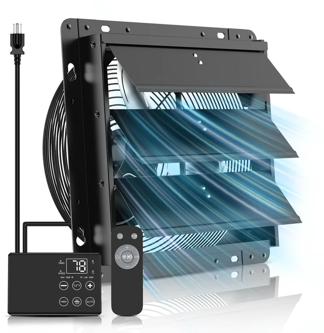 Main image of 12'' Upgraded Shutter Exhaust Fan with Thermostat & Remote,980CFM Wall Mounted Attic Exhaust Fan, Auto On/Off by Temperature for Garage, Greenhouses, Sheds, Chicken Coops & Basement