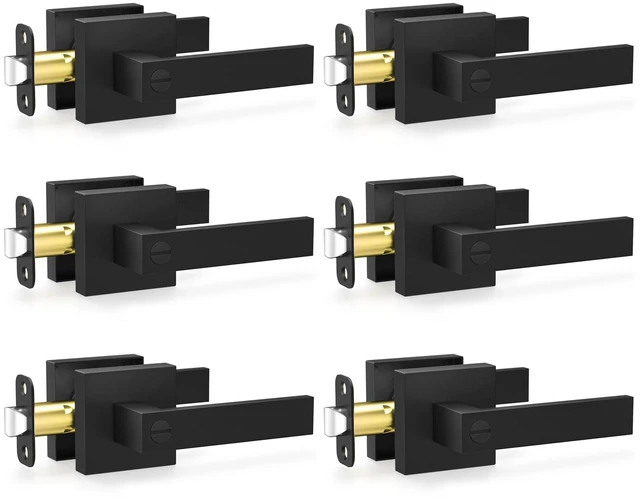 Main image of 6 Pack Privacy Door Locks, Matte Black Keyless Interior Door Knobs Heavy Duty Door Handleset, Square Door Levers for Bedrooms Bathrooms, Reversible for Left & Right Handled Doors