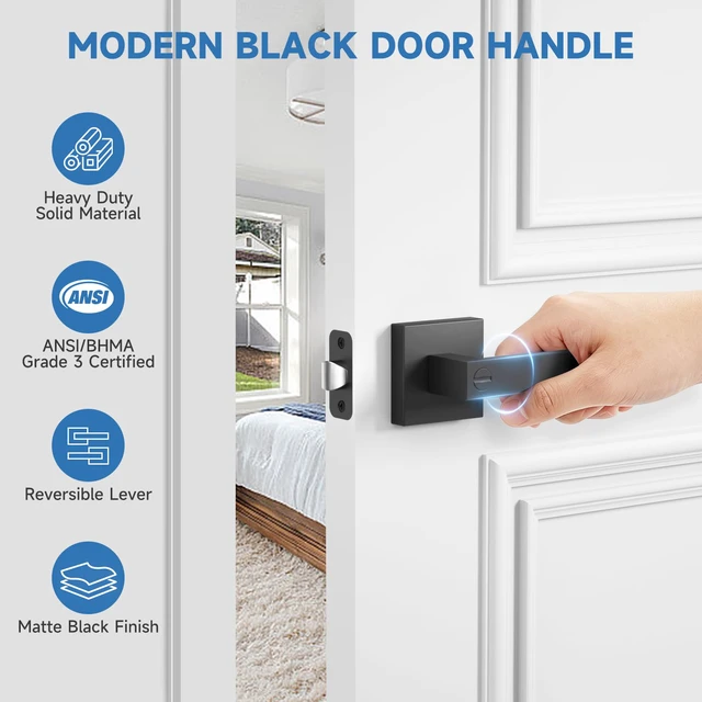 Alt view image 2 of 7 - 6 Pack Privacy Door Locks, Matte Black Keyless Interior Door Knobs Heavy Duty Door Handleset, Square Door Levers for Bedrooms Bathrooms, Reversible for Left & Right Handled Doors