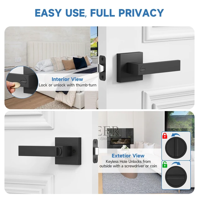 Alt view image 3 of 7 - 6 Pack Privacy Door Locks, Matte Black Keyless Interior Door Knobs Heavy Duty Door Handleset, Square Door Levers for Bedrooms Bathrooms, Reversible for Left & Right Handled Doors