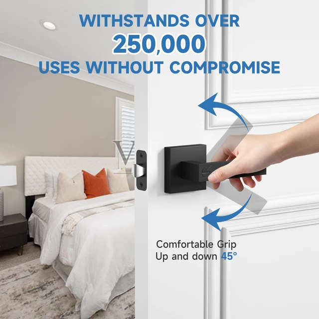 Alt view image 7 of 7 - 6 Pack Privacy Door Locks, Matte Black Keyless Interior Door Knobs Heavy Duty Door Handleset, Square Door Levers for Bedrooms Bathrooms, Reversible for Left & Right Handled Doors