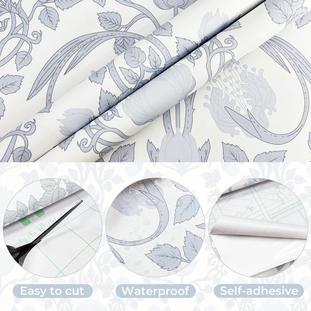 Alt view image 2 of 7 - 590.5" × 17.3" Blue Floral Peel and Stick Wallpaper, Damask Vintage Wallpaper for Bedroom Bathroom Self Adhesive Removable