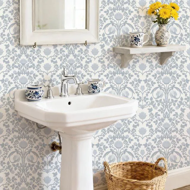 Alt view image 3 of 7 - 590.5" × 17.3" Blue Floral Peel and Stick Wallpaper, Damask Vintage Wallpaper for Bedroom Bathroom Self Adhesive Removable