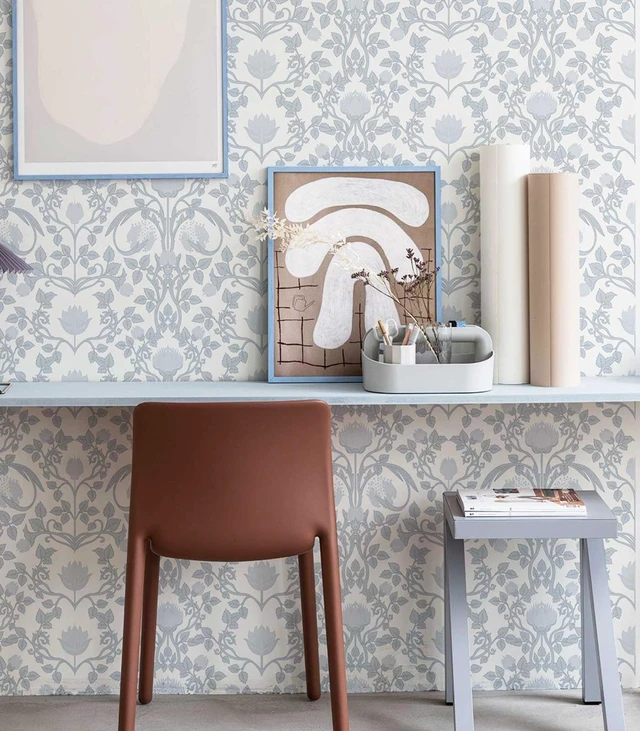 Alt view image 6 of 7 - 590.5" × 17.3" Blue Floral Peel and Stick Wallpaper, Damask Vintage Wallpaper for Bedroom Bathroom Self Adhesive Removable