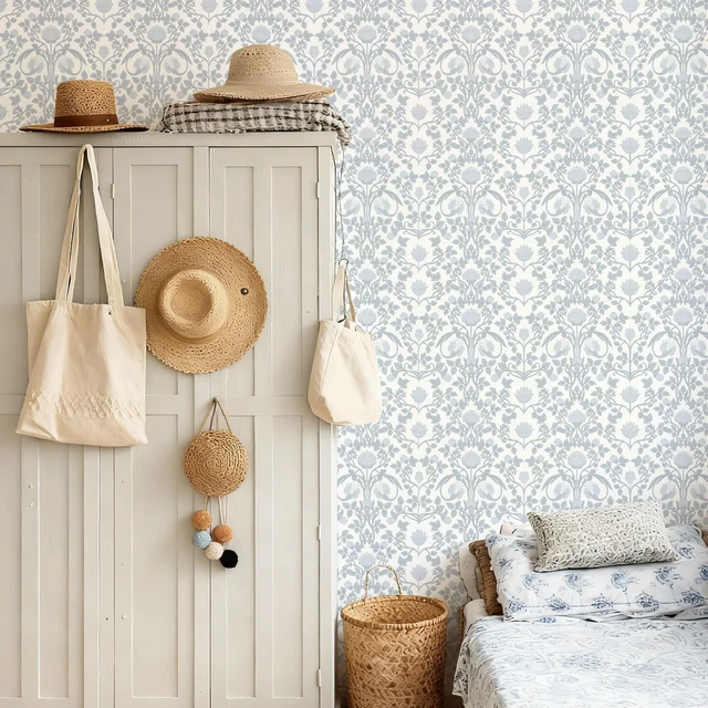 Alt view image 4 of 7 - 590.5" × 17.3" Blue Floral Peel and Stick Wallpaper, Damask Vintage Wallpaper for Bedroom Bathroom Self Adhesive Removable