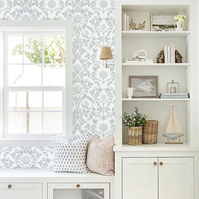 Alt view image 7 of 7 - 590.5" × 17.3" Blue Floral Peel and Stick Wallpaper, Damask Vintage Wallpaper for Bedroom Bathroom Self Adhesive Removable