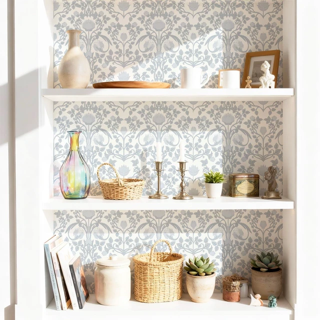 Alt view image 5 of 7 - 590.5" × 17.3" Blue Floral Peel and Stick Wallpaper, Damask Vintage Wallpaper for Bedroom Bathroom Self Adhesive Removable