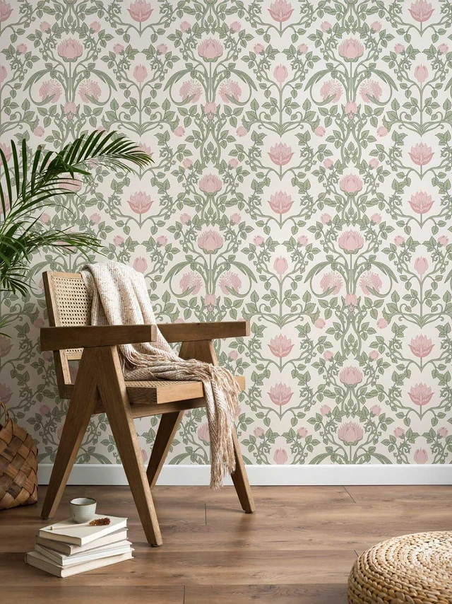 Main image of 590.5" × 17.3" Floral Wallpaper Peel and Stick Pink and Green Wallpaper Vintage Damask Wall Paper for Bedroom Bathroom Decorative Self Adhesive Contact Paper