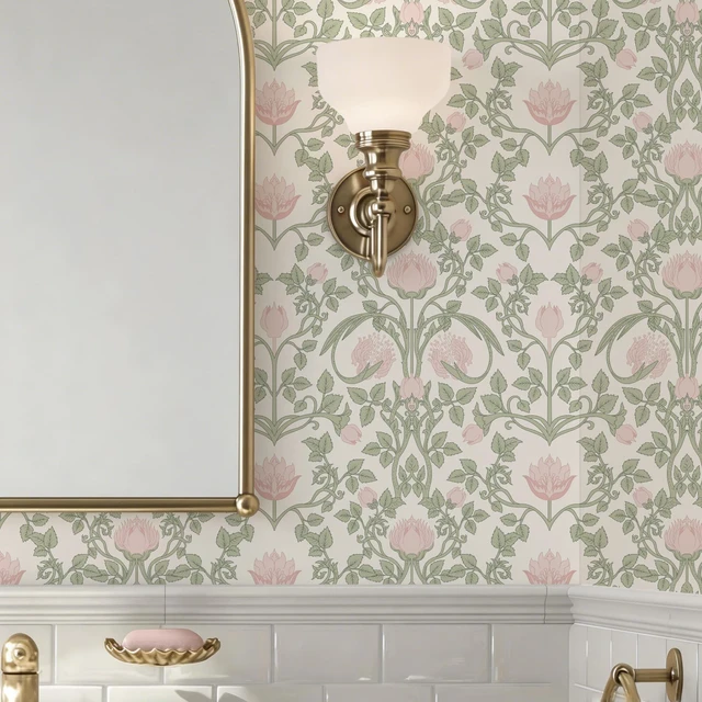 Alt view image 2 of 7 - 590.5" × 17.3" Floral Wallpaper Peel and Stick Pink and Green Wallpaper Vintage Damask Wall Paper for Bedroom Bathroom Decorative Self Adhesive Contact Paper