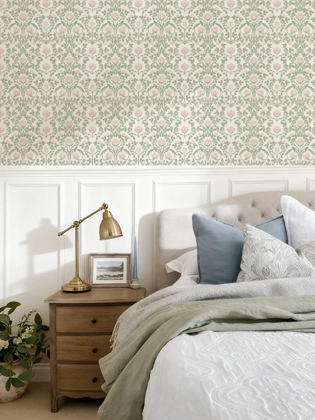 Alt view image 3 of 7 - 590.5" × 17.3" Floral Wallpaper Peel and Stick Pink and Green Wallpaper Vintage Damask Wall Paper for Bedroom Bathroom Decorative Self Adhesive Contact Paper