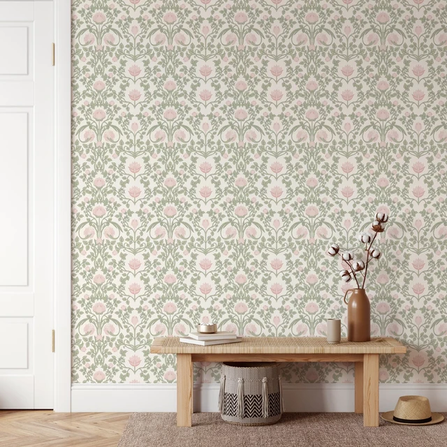 Alt view image 4 of 7 - 590.5" × 17.3" Floral Wallpaper Peel and Stick Pink and Green Wallpaper Vintage Damask Wall Paper for Bedroom Bathroom Decorative Self Adhesive Contact Paper
