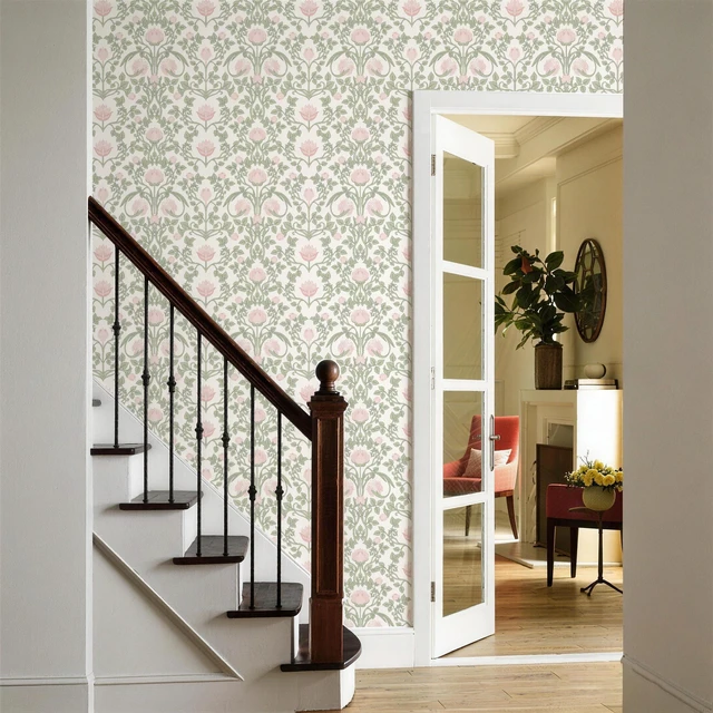 Alt view image 5 of 7 - 590.5" × 17.3" Floral Wallpaper Peel and Stick Pink and Green Wallpaper Vintage Damask Wall Paper for Bedroom Bathroom Decorative Self Adhesive Contact Paper