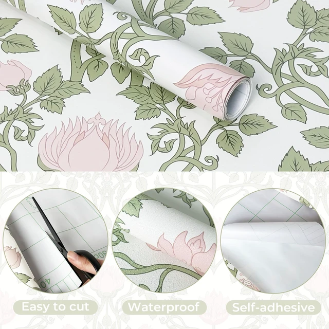 Alt view image 6 of 7 - Floral Wallpaper Peel and Stick - 393.7" × 17.3" Pink and Green Wallpaper for Bedroom Decorative Self Adhesive Shelf Drawer Liner