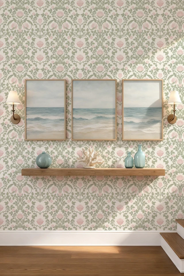 Alt view image 7 of 7 - 590.5" × 17.3" Floral Wallpaper Peel and Stick Pink and Green Wallpaper Vintage Damask Wall Paper for Bedroom Bathroom Decorative Self Adhesive Contact Paper