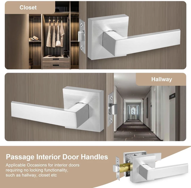 Alt view image 3 of 7 - Square Passage Door Lever, Heavy Duty Interior Door Handles for Hallway& Closet Non-Locking Door Knob in Satin Nickel Keyless Door Lockset for Right & Left Side Door, 6 Pack