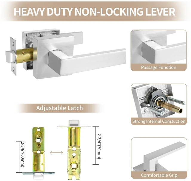 Alt view image 6 of 7 - Square Passage Door Lever, Heavy Duty Interior Door Handles for Hallway& Closet Non-Locking Door Knob in Satin Nickel Keyless Door Lockset for Right & Left Side Door, 6 Pack