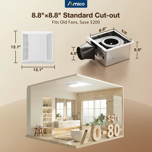 Alt view image 2 of 7 - Bathroom Exhaust Fan with LED Light, 80 CFM, 0.9 Sones, 5CCT, 90 CRI 1000LM, Ceiling Mount Shower Ventilation Fan, No Attic Access Needed, 4 Inch Duct, 8.8'' x 8.8'' Ceiling Opening, ETL & FCC