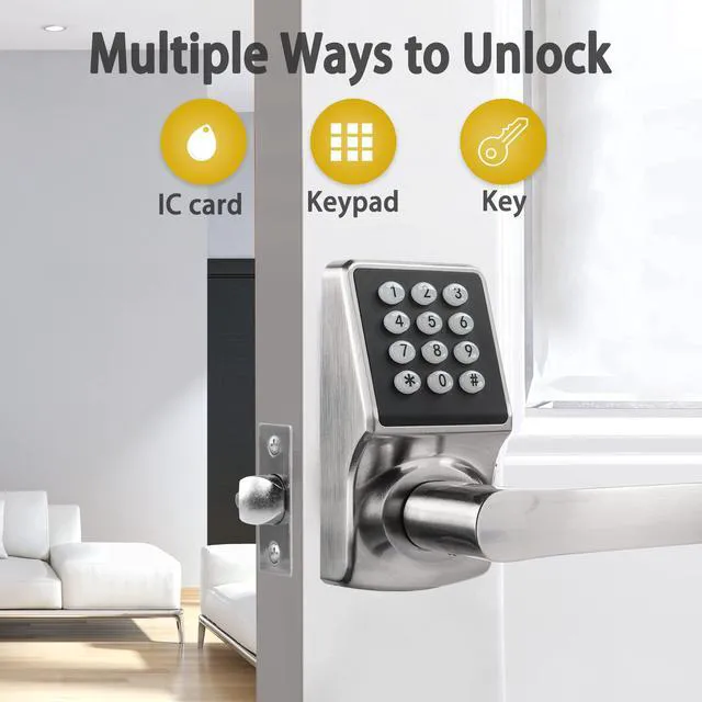 Alt view image 3 of 6 - Keyless Entry Door Lock with Handle - Keypad Door Lock with Handle for Front Door, Digital Code Lock with Fob Card and Keys, Anti-Peep Keypad Lock, Heavy Duty Zinc Alloy, Brushed Nickel Finish-2PACK