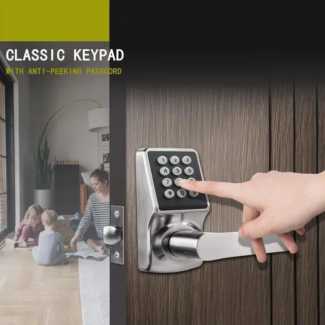 Alt view image 6 of 6 - Keyless Entry Door Lock with Handle - Keypad Door Lock with Handle for Front Door, Digital Code Lock with Fob Card and Keys, Anti-Peep Keypad Lock, Heavy Duty Zinc Alloy, Brushed Nickel Finish-2PACK