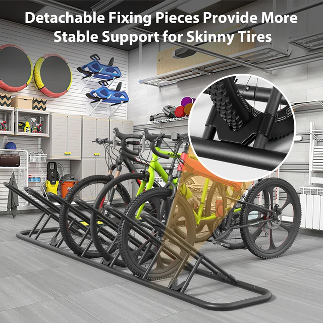 Alt view image 5 of 7 - Floor Bike Rack for Garage, Indoor Outdoor Bicycle Storage Stand, Bike Parking Rack for Mountain, Road & Kids Cycles (Black, 6-Slot)